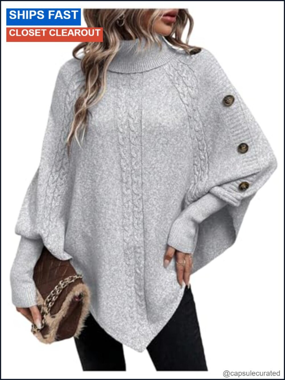 Oversized Asymmetrical Poncho Sweater Button Batwing Sleeve Knit Top